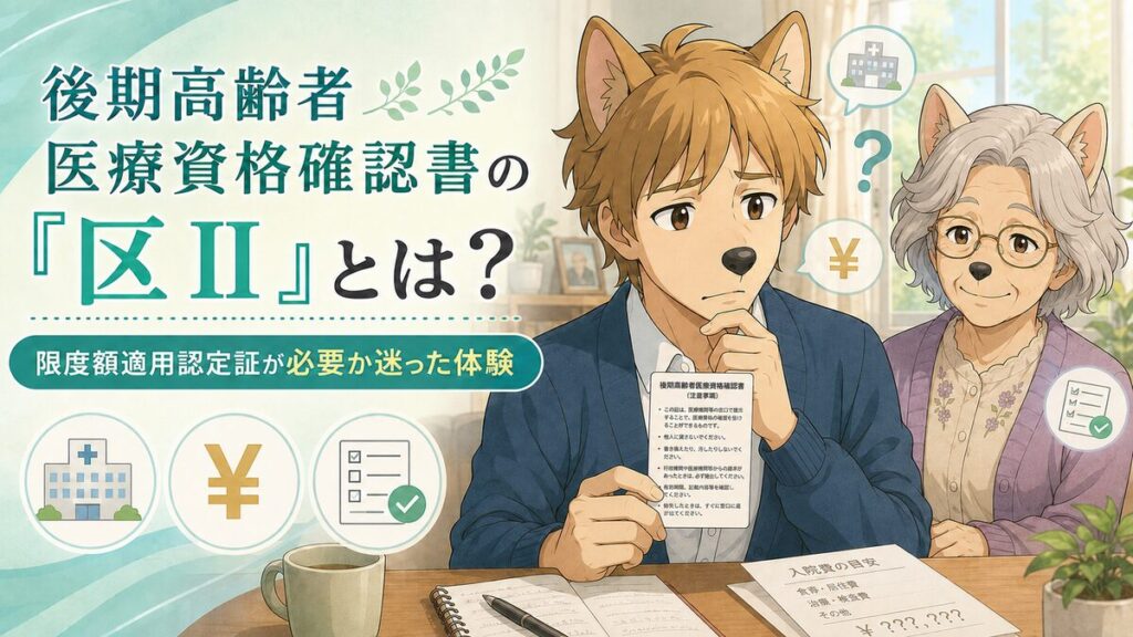 後期高齢者医療資格確認書の区Ⅱを確認し、入院費や限度額適用認定証の手続きについて悩む息子のイメージ
