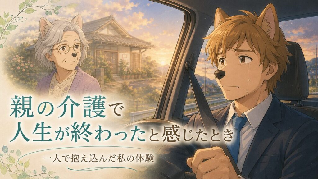 親の介護で人生が終わったように感じ、母の家から帰る車内で涙を流す息子のイメージ